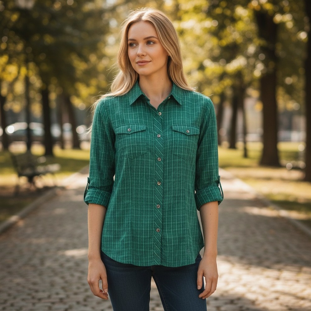 Eddie Bauer Green Plaid Button Up Shirt Womens Small Roll Tab Long Sleeve Hiking